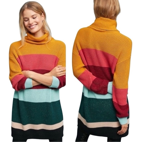 Farm Rio x Anthropologie Boldly Stripes Colorblock Turtleneck Tunic Sweater L - Picture 1 of 10